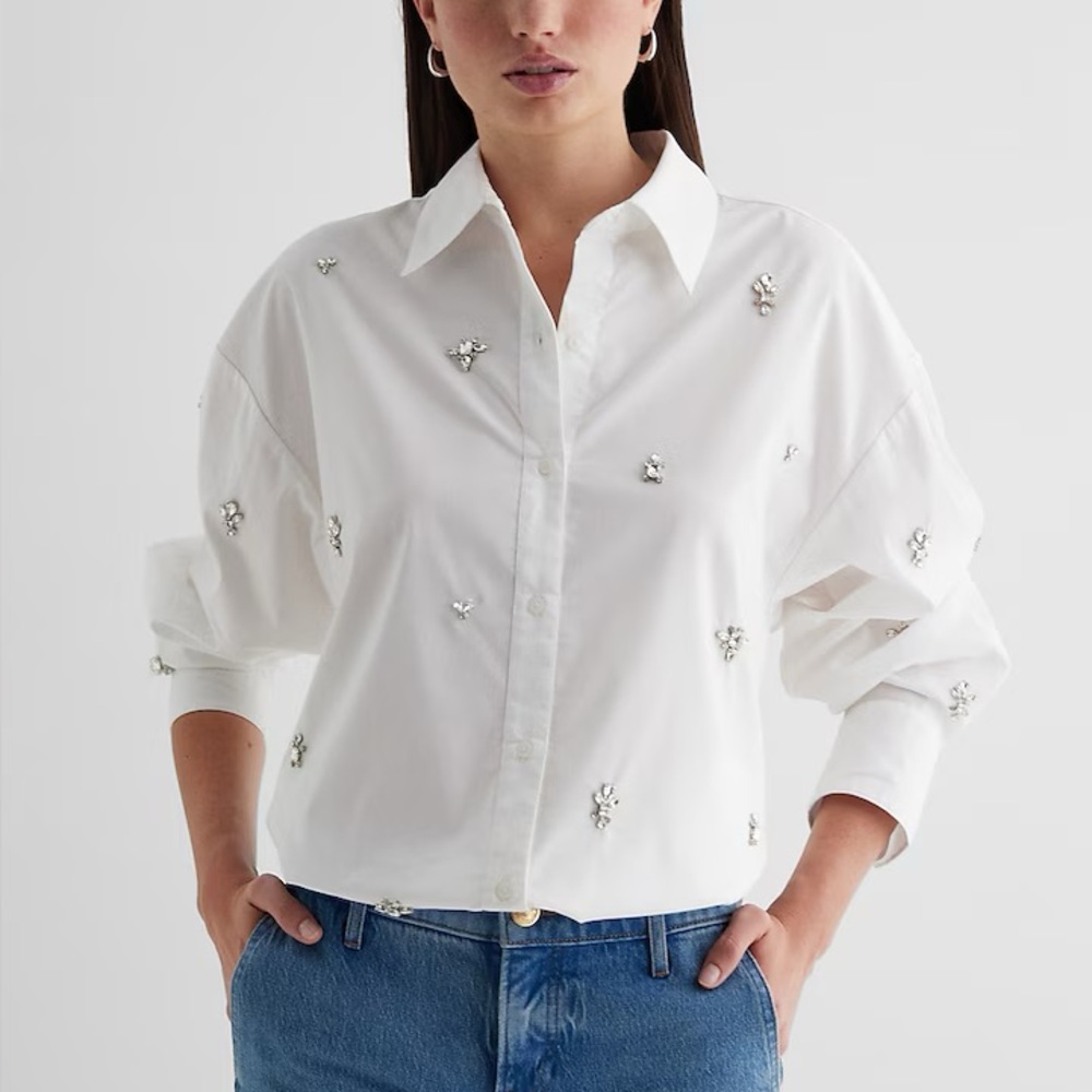 Express White Poplin Embellished Portofino Shirt Size M